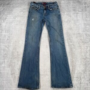 SB Denim Jeans Womens 1/2 Blue Denim Low Rise Flair Bootcut Distressed Vtg Y2K